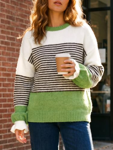 Saodimallsu Womens Striped Ruffle Sleeve Pullover Sweaters 2026 Fall Trendy Slouchy Color Block Preppy Sweater Tops Green — view 5