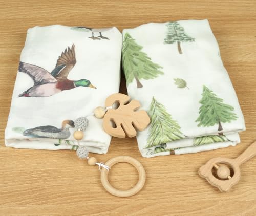 Image of Muslin Swaddle Blankets Neutral - Soft 47x47 Inch Baby Swaddle Wrap & Nursery Receiving Blanket, Mallard Duck /Woodland - Breathable 70% Bamboo Viscose & 30% Cotton