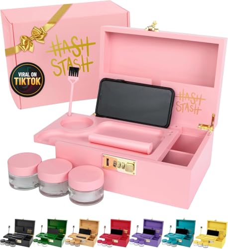 HASHSTASH The OG Storage Box - Large Bamboo Box with Combination Lock Magnetic Lid Organizer Tray Tube Brush and 3 Jars - Discreet Decorative Stash Storage Lock Box with Accessories (Pink/Gold)