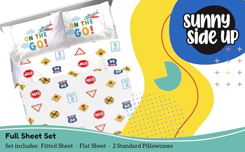 Image of Sunny Side Up On The Go Full Sheet Set - 4 Piece Kids Bedding Set Includes Pillow Cover - Super Soft Vehicles Microfiber Sheets