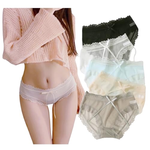 [VIVISHOW] ショーツ レディース 総レース フルバック リボン付き 無地 メッシュ シースルー かわいい 女性下着 食い込まない仕様（5枚入り、LLサイズ）