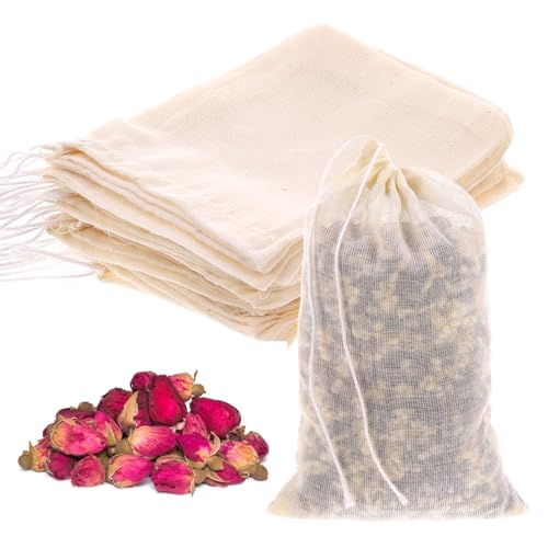 Piriuuo 25 stuks kruidenzakjes, kruidenzakjes om mee te koken, theezakjes van katoen, milieuvriendelijk en herbruikbaar, mousselinezakje met trekkoord voor thee, koffie, filter, specerijen (10 x 8 cm)