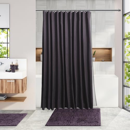 Clara Clark Bathroom Accessories Set - Bathroom Accessory Set with Shower Curtain Set, Toilet Brush, Trash Can & Soap Dispenser & Rugs (Purple, Complete Set + Bath Rugs)