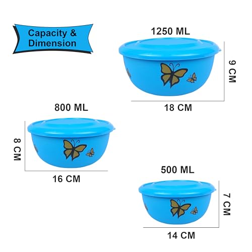 Image of Microwave Safe Stainless Steel Food Storage Container with Lid | Euro Mixing Bowl Set for Kitchen | 500ml, 800ml, 1250ml | Pack of 3 | Leak-Proof (Classic Blue Butterfly)
