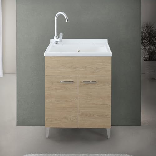 Mobile Lavatoio 60X50 Cm Con Vasca In Resina Bianca, Asse Lavapanni, Struttura In Legno Nobilitato Rovere Con Un’Anta Apribile Mediante Maniglia Cromata, Già Montato Con Kit Di Scarico Incluso