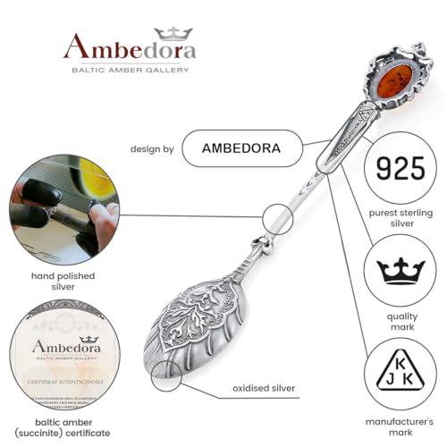 Silberlöffel mit Bernstein 925 Silber Zarenstil – Taufgeschenk, Erster Geburtstag, Dekoratives Andenken inkl. Etuit garantiert