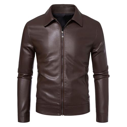 Chaqueta de cuero delgada para motociclista para hombre, chaqueta de bombardero de imitación ligera, estilo clásico vintage, Coffee, M
