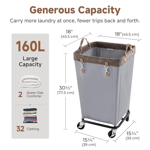 Image of StorageWorks 160L Laundry Basket with Wheels, Large Rolling Hampers for Clothing Organizer, Dirty Clothes Basket for Hotel, Home, Closet, Dorm, Light Grey