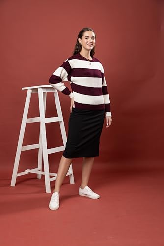 Image of Wear lusso Women's 100% Wool Color Block Stripe Full Sleeve Round Neck Pullover Sweater | Winter Season Fashion