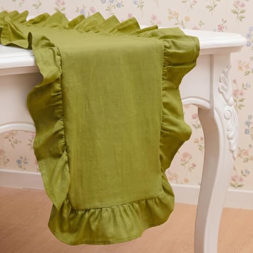 HunnmingRe Grass Green Ruffled Table Runner 72 Inch Scalloped Tablecloth Cotton Flounces Washable Home Farmhouse Rustic Kitchen Decor for Rectangle Table Thanksgiving Christmas Party Wedding by HunnmingRe - Used condition - US$11.09