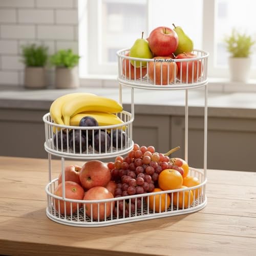 Image of 3 Tier Fruit Basket Bowl for Kitchen | Countertop Metal Wire Kitchen Storage Basket for Fruits, Vegetables and Snacks - White