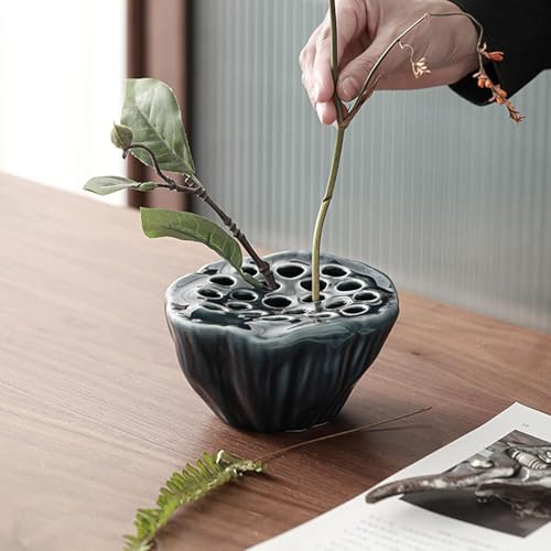 Lotus Pod Flower Arrangement Vase, Ceramic Flower Frog Pot, Ikebana Stem Holder, Decorative Flower Frog Container, Floral Arrangement Bowl for Tea Table, Ceramic Flower Vase Kenzan (Dark Blue) by Eggone - Used condition - Image 4