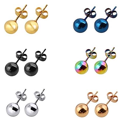 6 Pairs Hypoallergenic Small Tiny titanium Surgical Stainless Steel Rose Gold Silver Stud Earrings Set for Men Women Girl, Men Earrings Studs Black, Ladies Women Earrings Gold, Ball Stud Earrings 6MM Cover