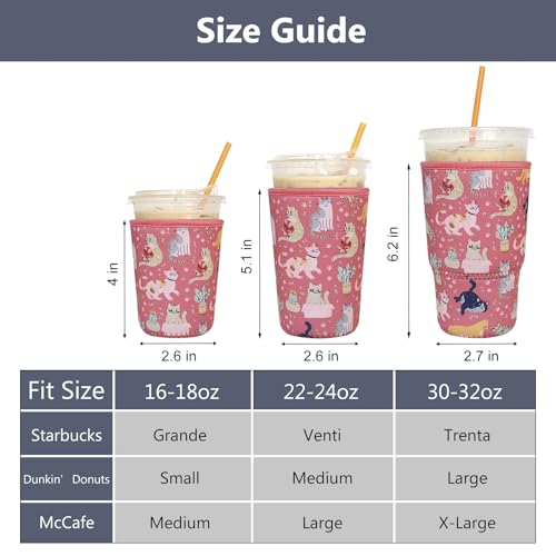 Image of 3 Pack Reusable Iced Coffee Sleeves - Xumbtvs Insulator Sleeve for Cold Beverages, Neoprene Coffee Cup Holder (Funny Cat)