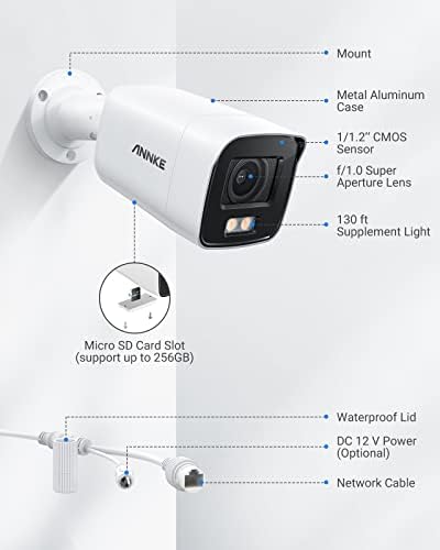 ANNKE NC800 4K PoE CCTV Security Camera Outdoor, 8MP IP Bullet Camera with F1.0 130 ft Color Night Vision, Smart AI Human/Vehicle Detection, IP67, Metal Housing, Audio Recording, Micro SD Card