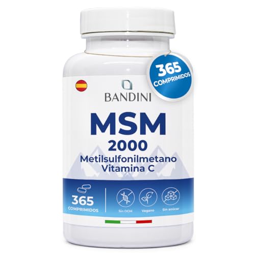 Bandini® MSM 2000 mg + Vitamina C, 365 Comprimidos Veganos para 6 meses | Metilsulfonilmetano Alta Dosificación | Para Huesos, Articulaciones, Piel, Cabello y Uñas | Tabletas naturales sin aditivos