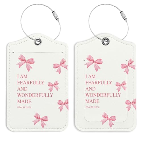 LARTSFRO Coquette Pink Bow Luggage Tags for Suitcases, Bible Verses Bow Luggage Tag, Cute Luggage Tags for Women, Trendy Girly 2 Pack Luggage Tag for Travel, Teen Girls Gifts Suitcase Tags