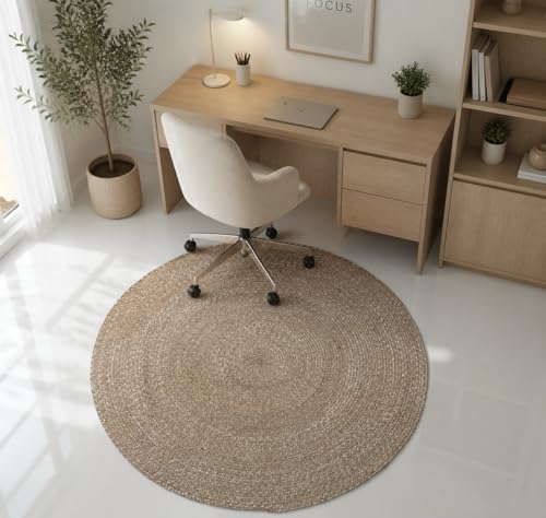 Image of Handmade Cotton Braided 4x4 feet Throw Rug - Washable, Low Pile Reversible Floor Mat for Bedroom, Kitchen, Entryway & Living Room - Eco-Friendly Woven Carpet - (Beige Mix, Round)