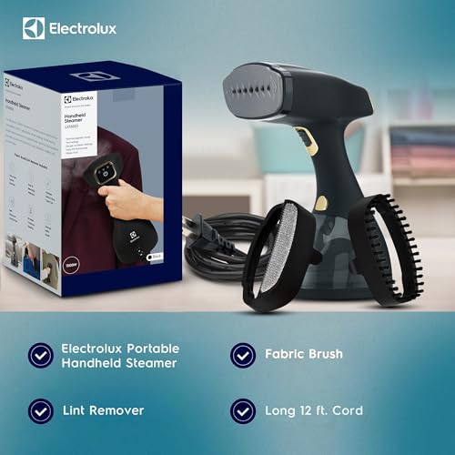 Electrolux Steamer for Clothes, LX15003 Portable Handheld Fabric and Garment Steamer Iron Press Wrinkle Remover with Lint Remover & Fabric Brush – Black