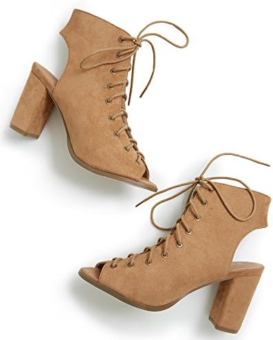 Free Reign Lace up Open Toe Block Heel Booties (Wide Width) tan 9