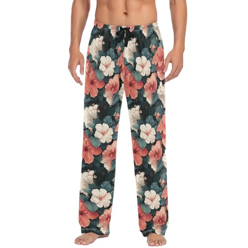 ALAZA Hibiscus Flowers Cute Cats Men’s Pajama Pants Soft Long Sleep Pants Lounge Pajama Bottoms with Pockets