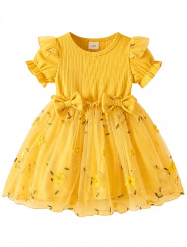 Image of JiAmy Baby Girls Summer Dress Ribbed Knit Floral Embroidered for 2-3 Years, Yellow