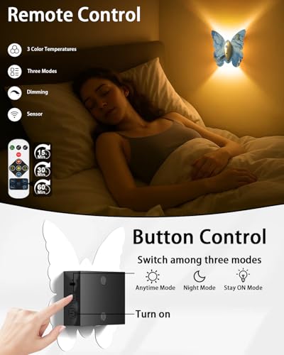 Image of Eneru Motion Sensor Wall Sconce Set of 2, Rechargeable Wall Lights, Indoor | 5000mAh Battery Operated Wall Sconces, Magnetic Butterfly Motion Night Light for Hallway Stair Closet Pantry, Blue & Gold