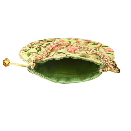 Image of Handcrafted Potli Purse with Golden Floral Embroidery and Pearl Accents