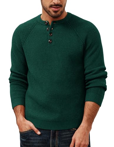 PJ PAUL JONES Waffelmuster Langarmshirt Für Herren mit Henley Kragen Bequem Wie EIN Tshirt Dunkelgrün L