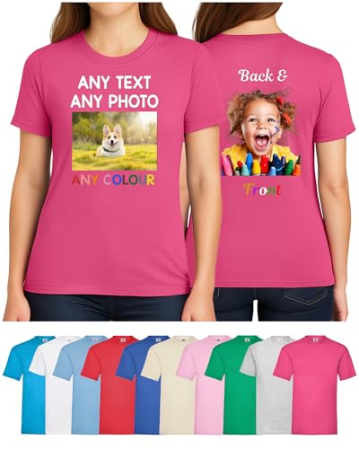 Image of Personalised Kids T Shirt Printed Photo Tshirt Any Text Create Your Own Custom Design Top Tee Girl Boys Fushia Pink Age 7-8