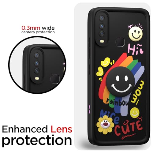 Image of Pikkme Back Cover for Vivo Y12 / Y15 / Y17 / U10 | Soft Silicone| Cute Rainbow Smile & 3D Cartoon Flower Design | Shockproof Raised Camera Protection Bumper Case (Black)
