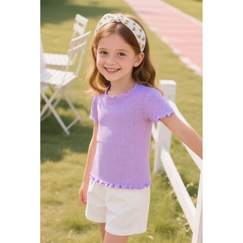 Image of Girls Summer Lettuce Trim Ribbed Knit Short Sleeve T-Shirts Solid Color Casual Blouse Tops