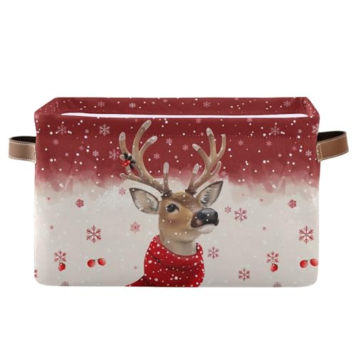 Image of Wamika Christmas Reindeer Storage Basket with Waterproof Liner and PU Handles Winter Snowflake Red Storage Bins Boxes 14.2 inch Collapsible Decorative Organizer Baskets for Bedroom Closet Office 1 Pack