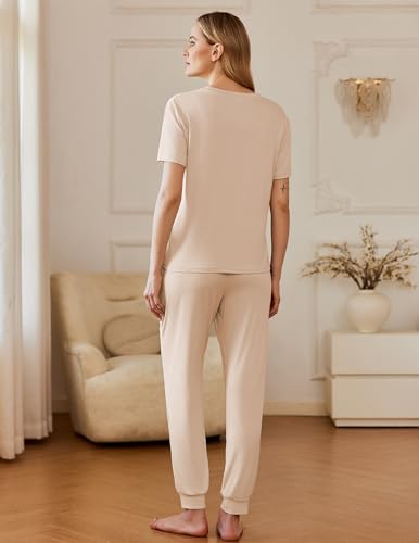 Ekouaer 2 Pack Womens Pajama Sets Short Sleeve Tops Jogger Pants Lounge Sets Soft Loungewear Printed Pj with Pockets3