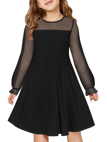 Haloumoning Girls Contrast Mesh Long Sleeve High Waist A Line Short Dress with Pockets 4-14 Years