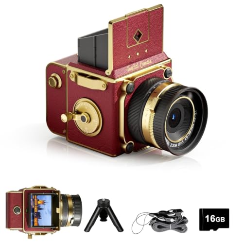 EJXHKNF Vintage Digital Camera, 64MP 2.7K Retro Point and Shoot Camera with Autofocus, 2" IPS Waist-Level Screen & 16GB TF Card, 16X Zoom Compact Photography Camera for Beginners Red Vintage Decor