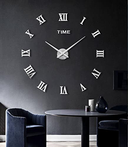 Image of Large DIY Wall Clock Kit, 3D Frameless Wall Clock with Mirror Number Stickers for Home Living Room Bedroom Office Decoration-Silver 021