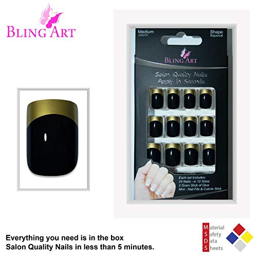 False Nails Bling Art French Fake Dipped In Gold Squoval 24 Acrylic Medium Tips #TOP4