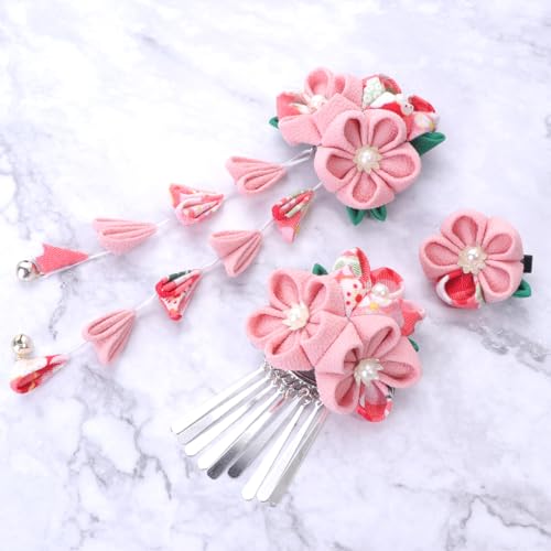 Lurrose clips para el cabello japoneses estilo kimono con flores, set de 3 piezas rosa metálico para mujer miniatura 7