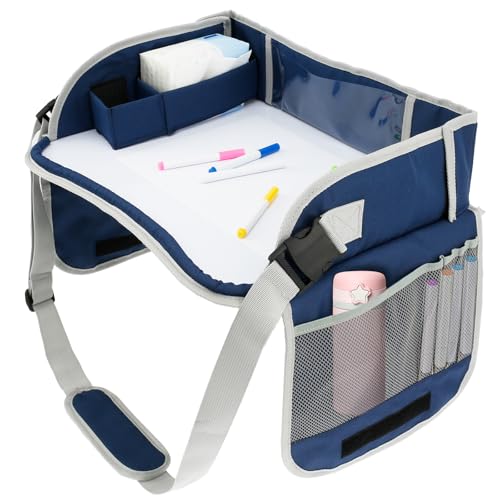 Car Seat Tray Easy to Install Car Seat Table Tray with Adjustable Strap Portable Easy to Clean Travel Lap Desk Accessory for Toddlers Travel (Navy Blue)