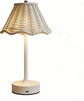 Cordless Table Lamp, Rechargeable Battery Operated Boho Rattan Outdoor Patio Desk Lamp, 3-Color Stepless Dimmable LED Nightstand Light for Outdoor Restaurant Kitchen Patio Dinner Camping White
