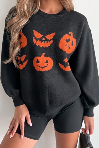 Women's Black Halloween Pumpkin Face Pattern Drop Shoulder Sweater2