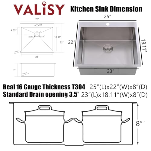 25 x 22 Inch Drop In Kitchen Sink, Topmount Stainless Steel Brushed Nickel Single Bowl Kitchen Sink, Extra-thick 16 Gauge For RV Laundry Utility with Dish Grid and Basket Strainer