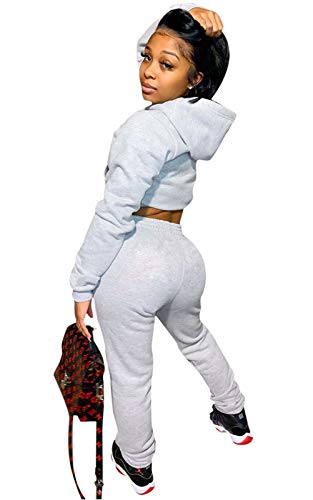 Akmipoem Tracksuit For Women Set 2 Piece Sweatsuit Outfits Long Sleeve Crop Hoodie Jogging Pants Set Grey M #TOP2