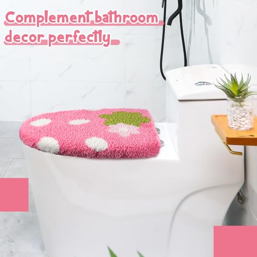 Teecyhooo Pink Strawberry Toilet Lid Cover 17.5 x 15 Inch Cute Strawberry Washable Plush Toilet Cover Soft Microfiber Non Slip Rubber Backing Bathroom Accessories Fits Most Round Elongated