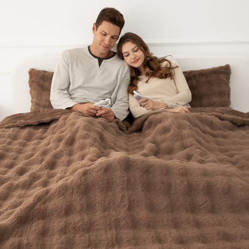 VELLUBAM Faux Rabbit Fur Bubble Electric Blanket King Camel - Fluffy Thick Heated Blanket with Dual Control 6 Heating Levels & 10 Timer Settings ETL Certified Decor Gifts for Home (100 x 90)