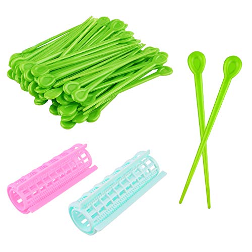 WXJ13 200 Pieces Plastic Hair Roller Pick Green Hair Curler Roller Pin Brush Roller Pick for Hair Curling Styling Accessories, with 2 Hair Curling Roller