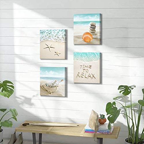 UTOP-art Seashell Beach Pictures Canvas Wall Art For Bathroom Drift Bottle & Seashells on the Beach Pictures Canvas Print for Bathroom (12'' x 12'' x 4 Panels) - Image 2