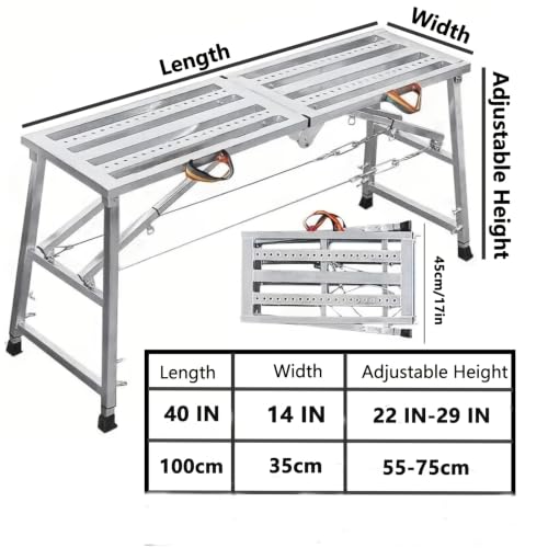 Image of Portable Folding Scaffold Work Platform, Height Adjustable Carbon Steel Step Bench, 400KG Load Capacity, Multifunctional Ladder Stool for Car Washing Painting RV Cleaning (100cm)