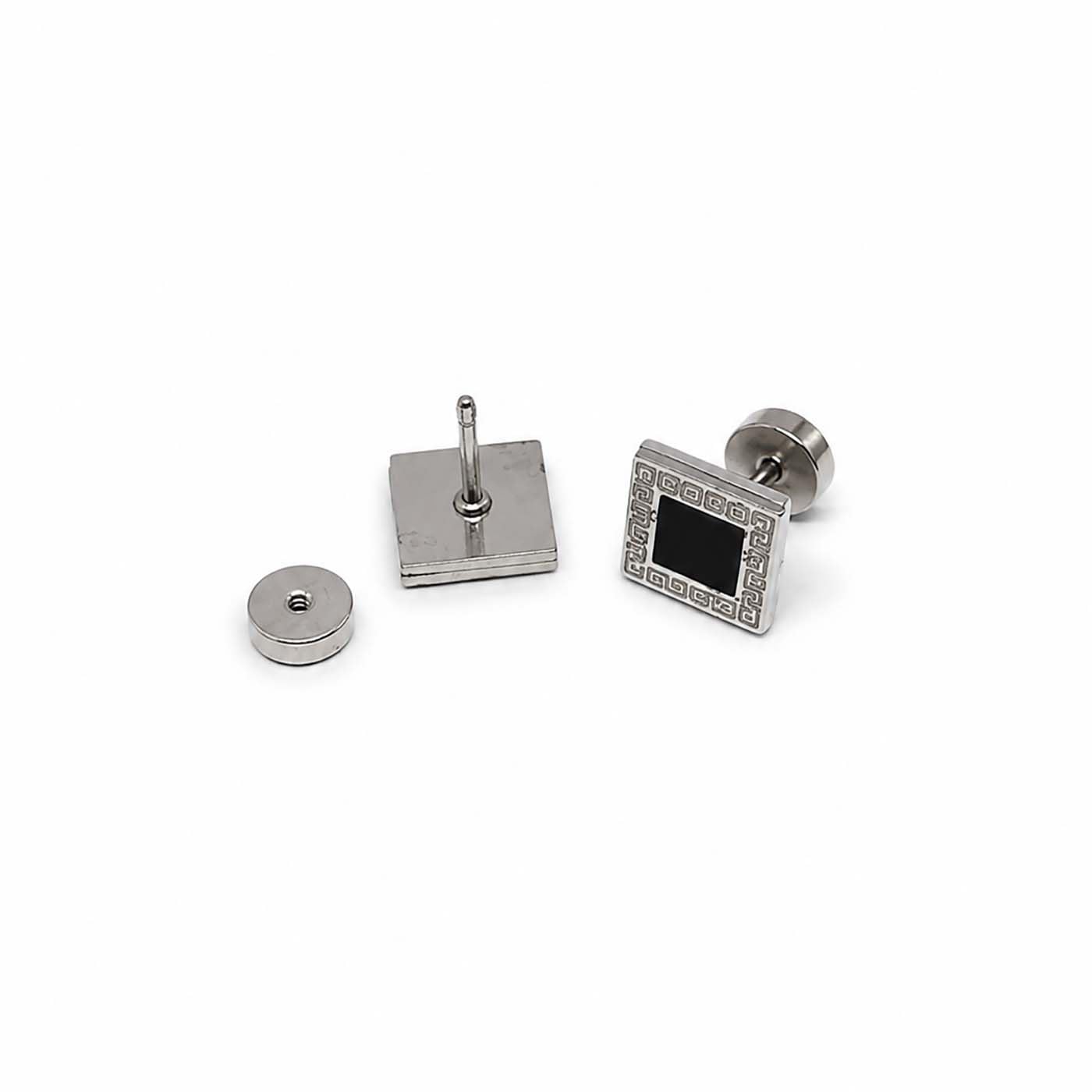 (1 Pair) Unisex Fancy & Stylish Stainless Steel Glossy Elegant Black Square Greek Pattern Design Dumbbell/Barbell Stud Ear Piercing Earrings for Men & Women-image-18